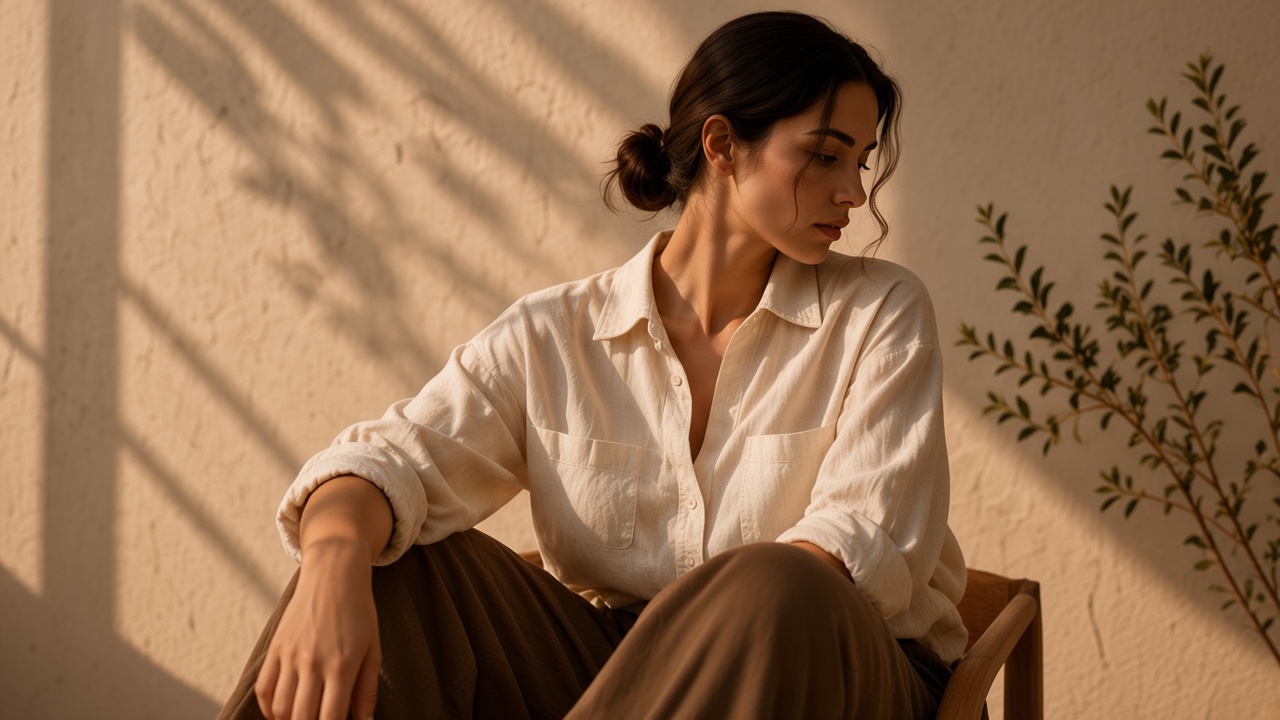 A woman in a linen shirt sits beside a plant in warm light.