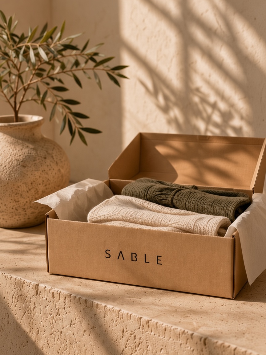 An open Sable box with folded knits on a stone ledge.