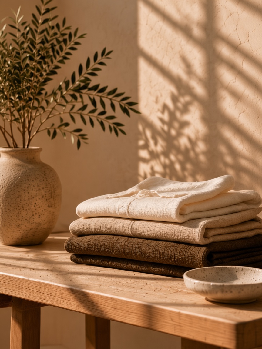 Folded linen stacked on a wooden table beside a plant.