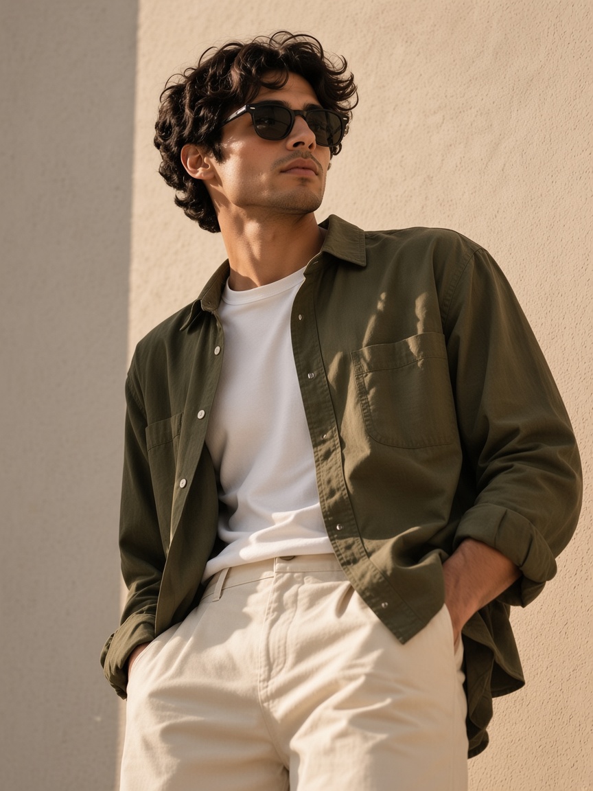 A man in an olive overshirt, white t-shirt, and beige trousers.