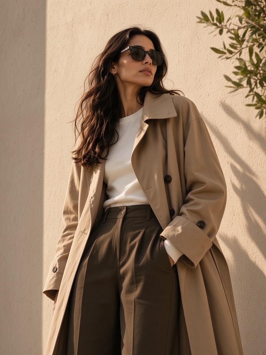 A woman in a beige trench coat over a white top.