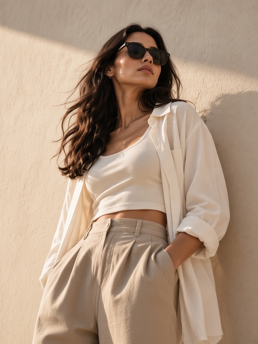 A woman in a white tank, open shirt, and beige trousers.