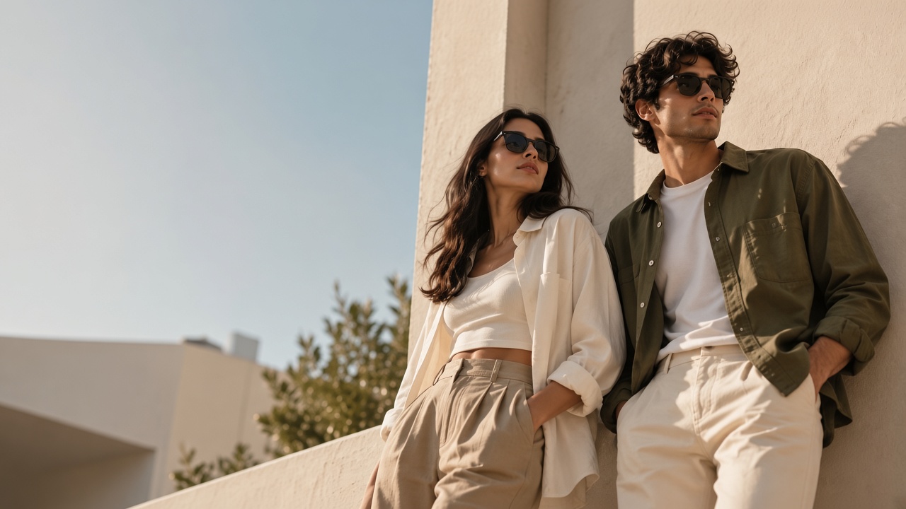 A woman in a white shirt and beige trousers and a man in an olive overshirt stand against a sunlit wall.