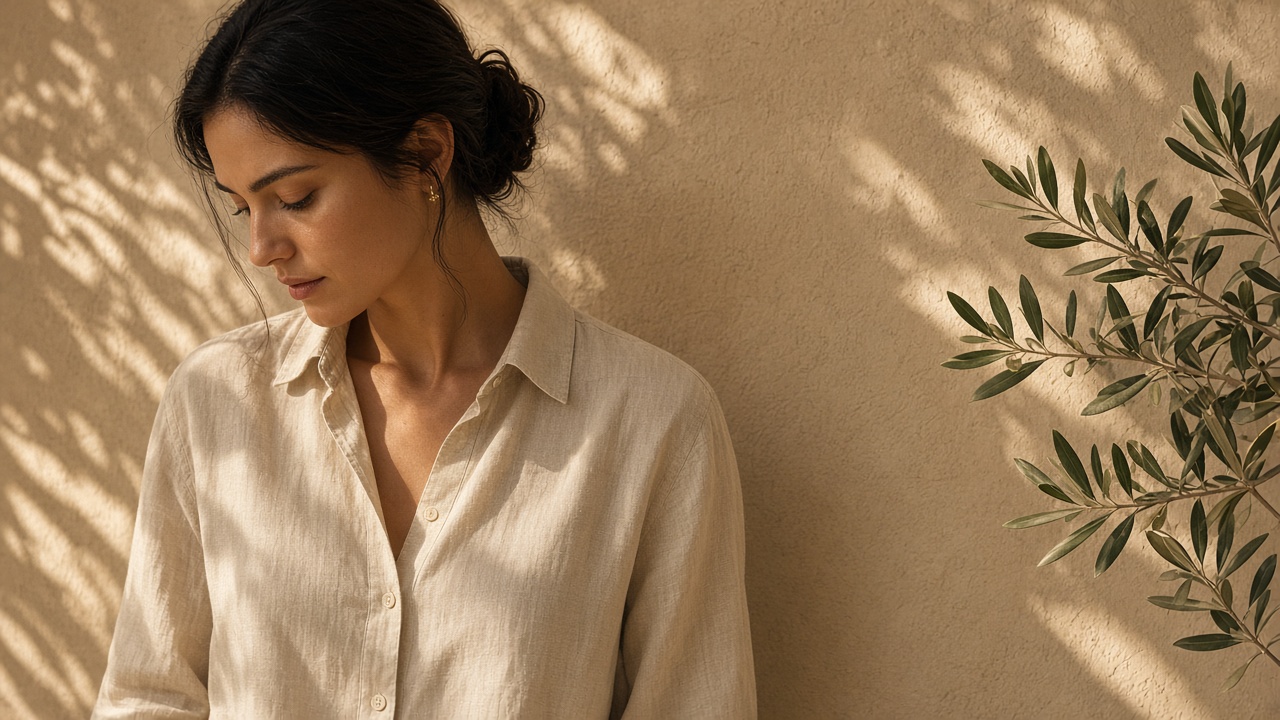 A woman in a linen shirt, looking down in warm light.