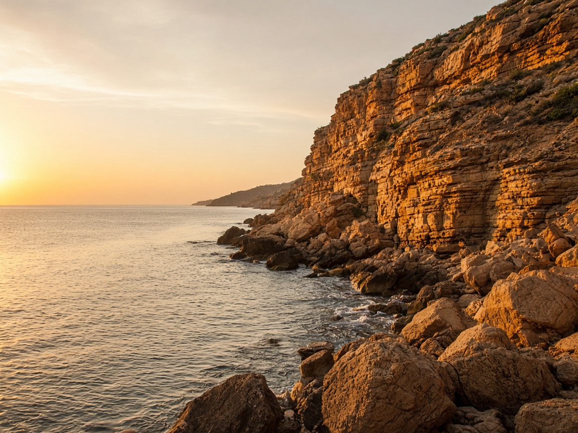 A rocky coast in warm evening light.