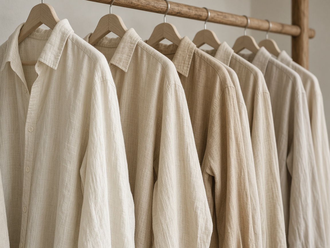 Linen shirts hanging in a row.