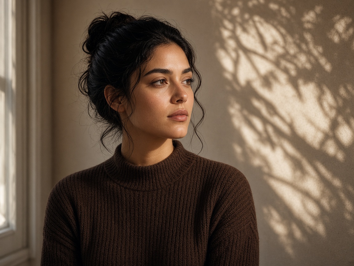 A woman in a brown ribbed knit, looking aside in warm light.