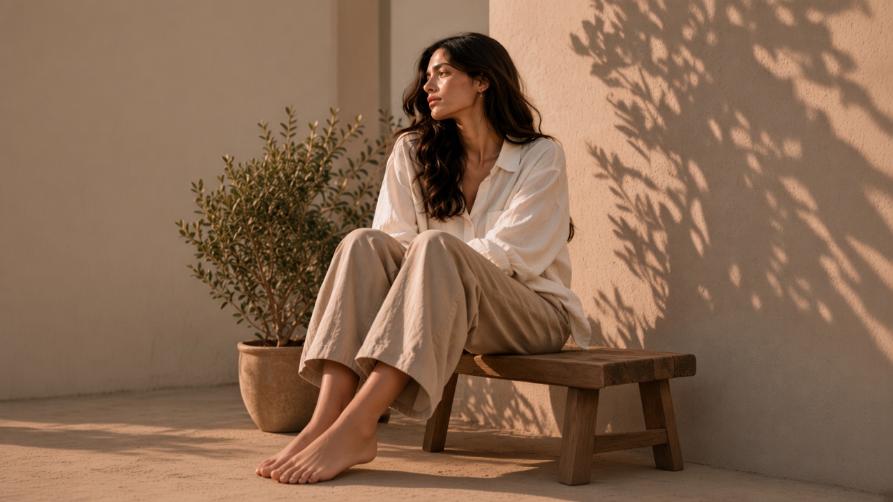 A woman in a white linen shirt and beige trousers sits in warm light.