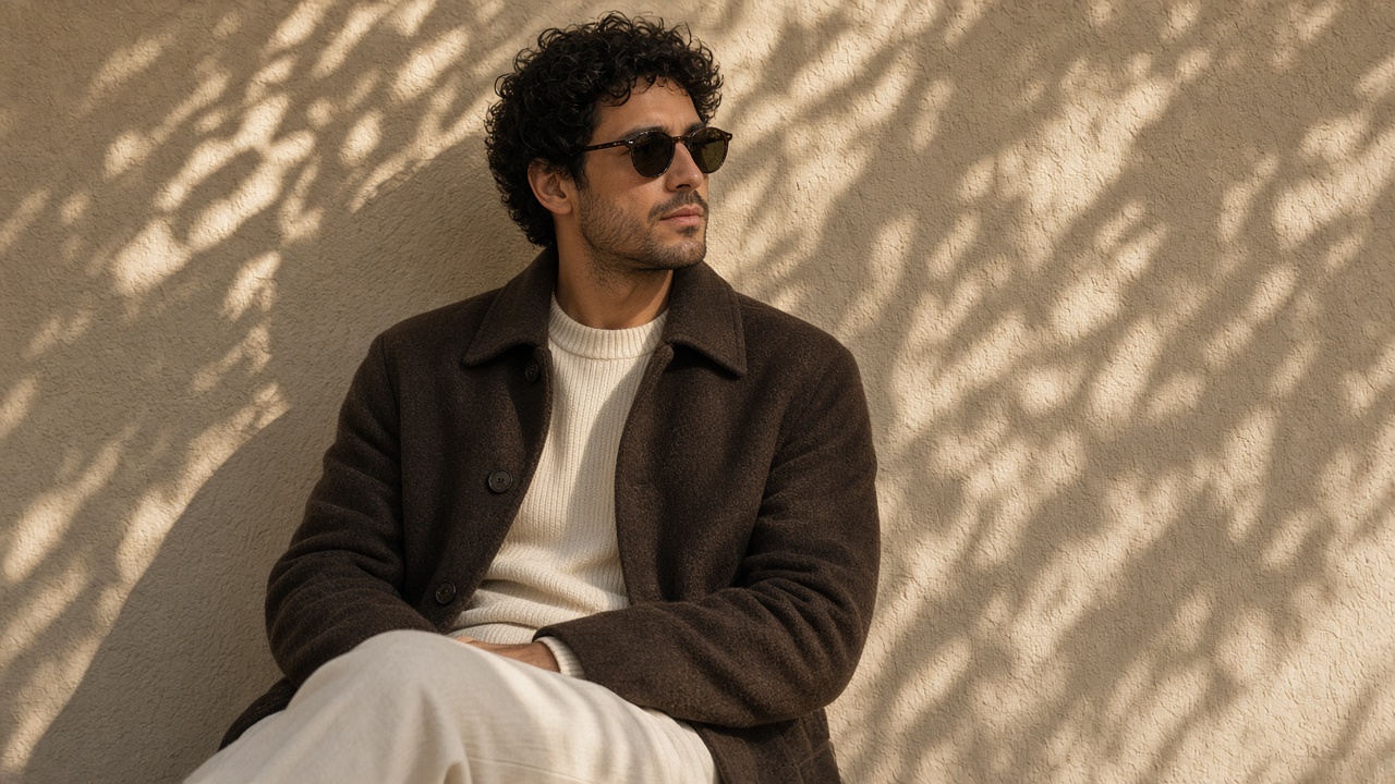 A man in a brown wool jacket and cream knit sits against a sunlit wall.