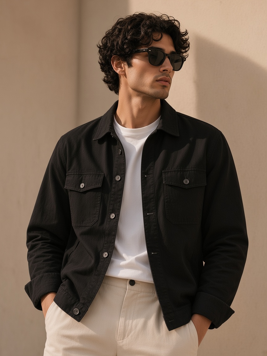 A black cotton twill jacket worn over a white t-shirt.