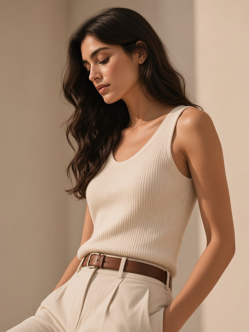 A cream knit tank top worn with beige trousers.