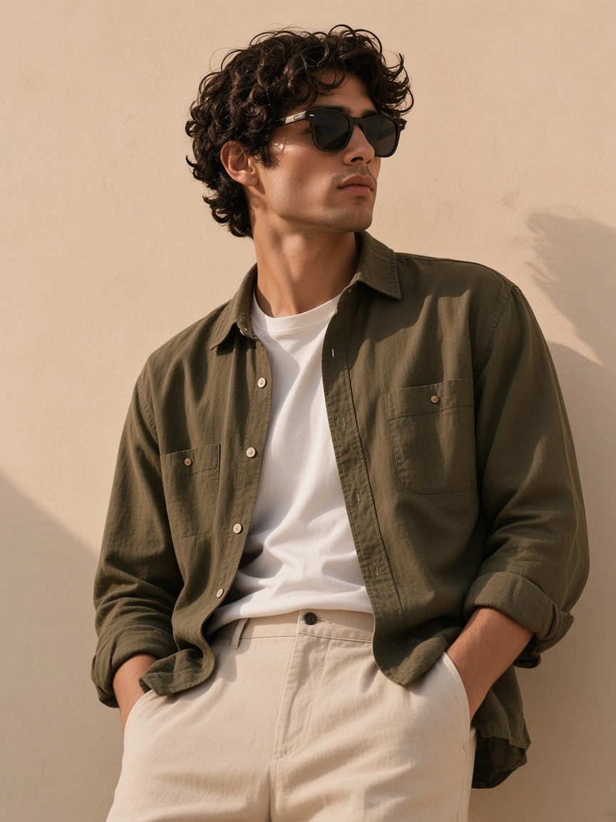An olive linen shirt worn open over a white t-shirt.