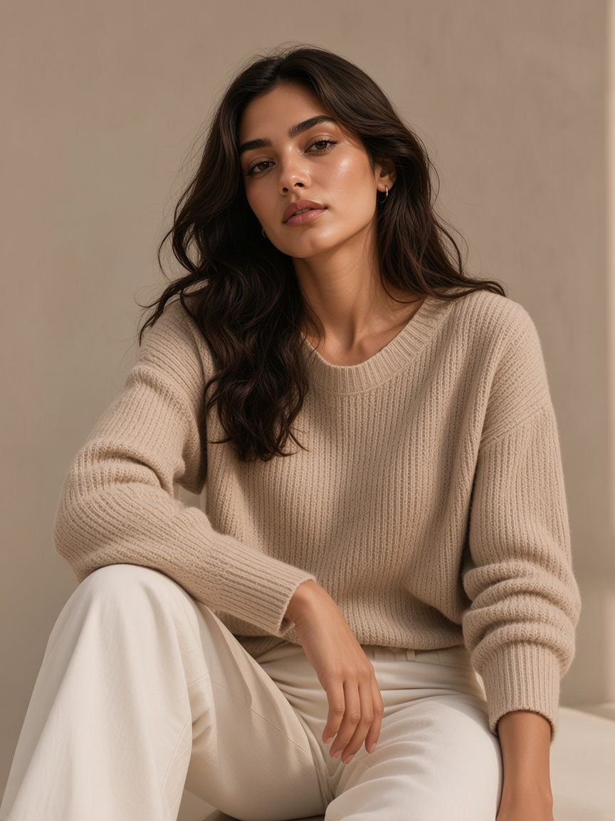 A beige rib knit sweater worn with white trousers.