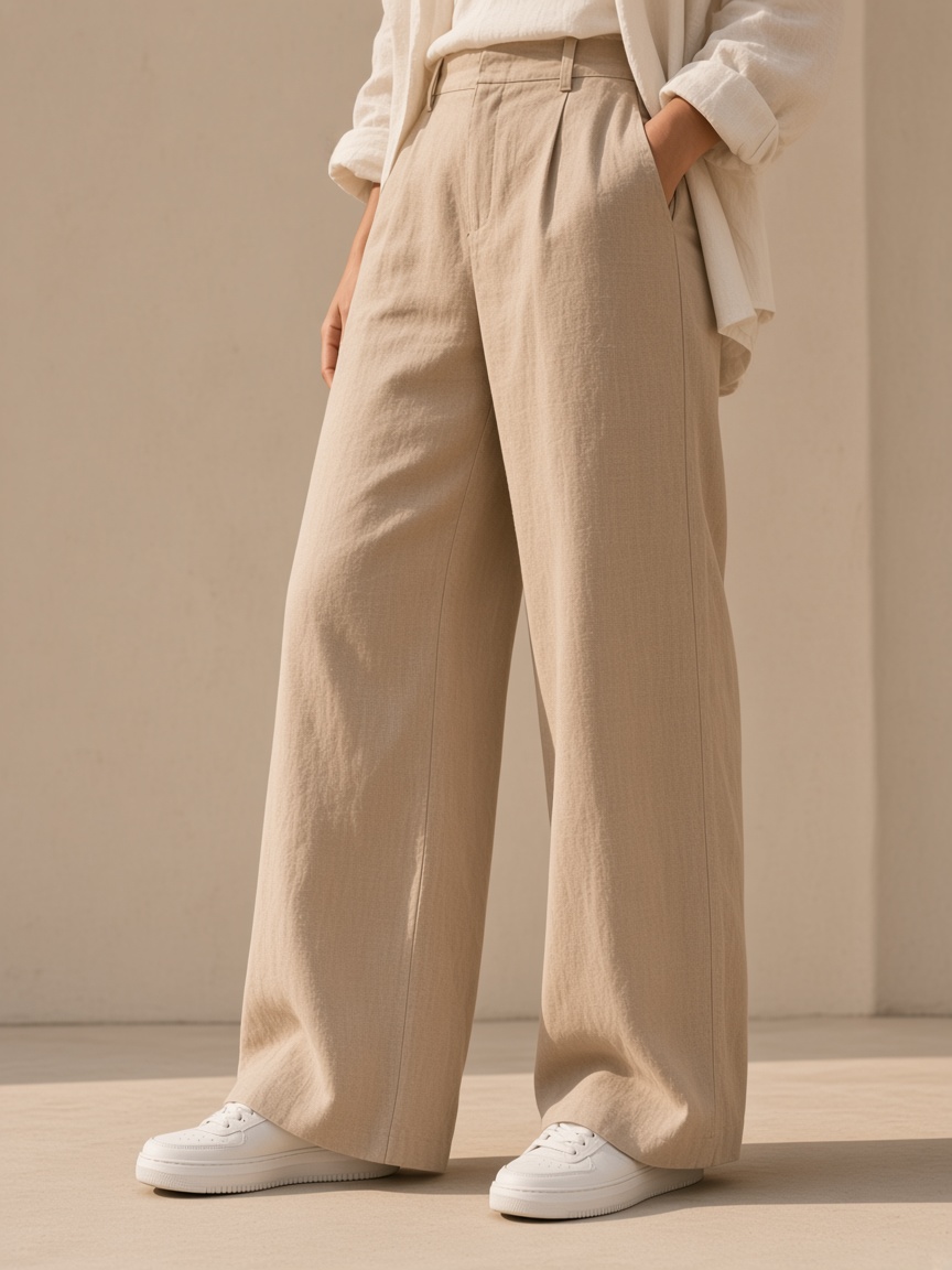 Wide-leg beige linen trousers worn with white shoes.