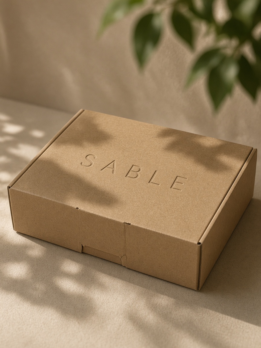 A kraft box with Sable pressed into the lid.