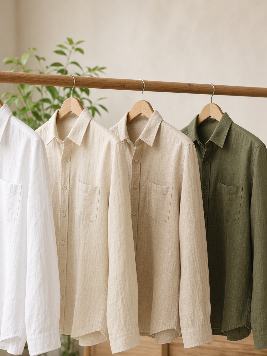 Neutral linen shirts hanging on wooden hangers.