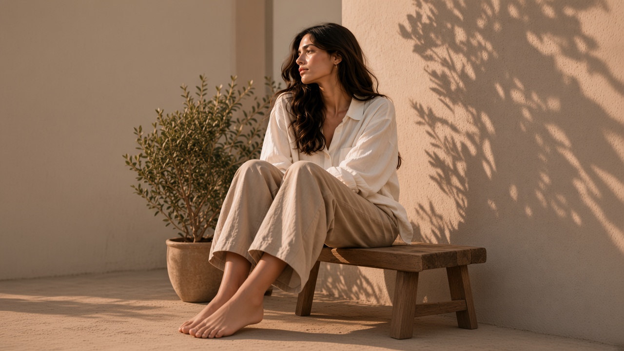 A woman in a white linen shirt and beige trousers sits in warm light.