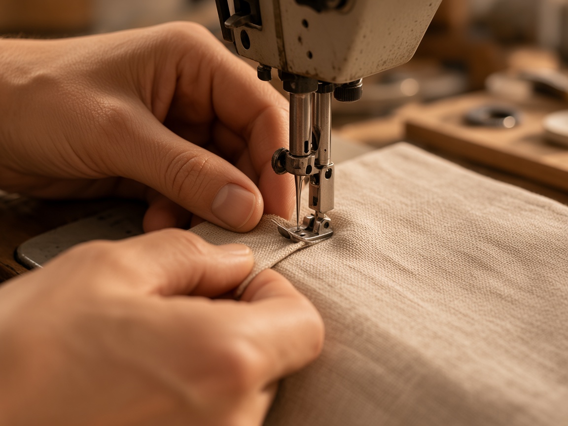 Hands guiding cloth through a sewing machine.