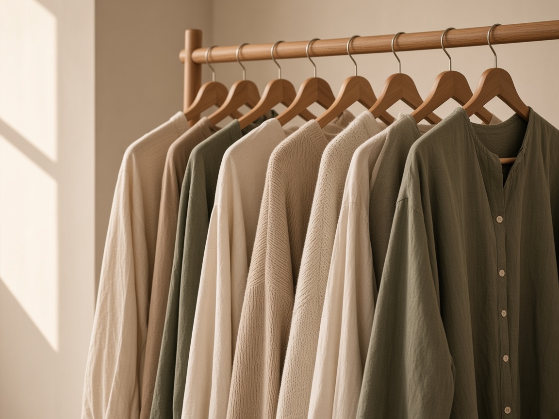 Neutral shirts and knits hanging on a rail.